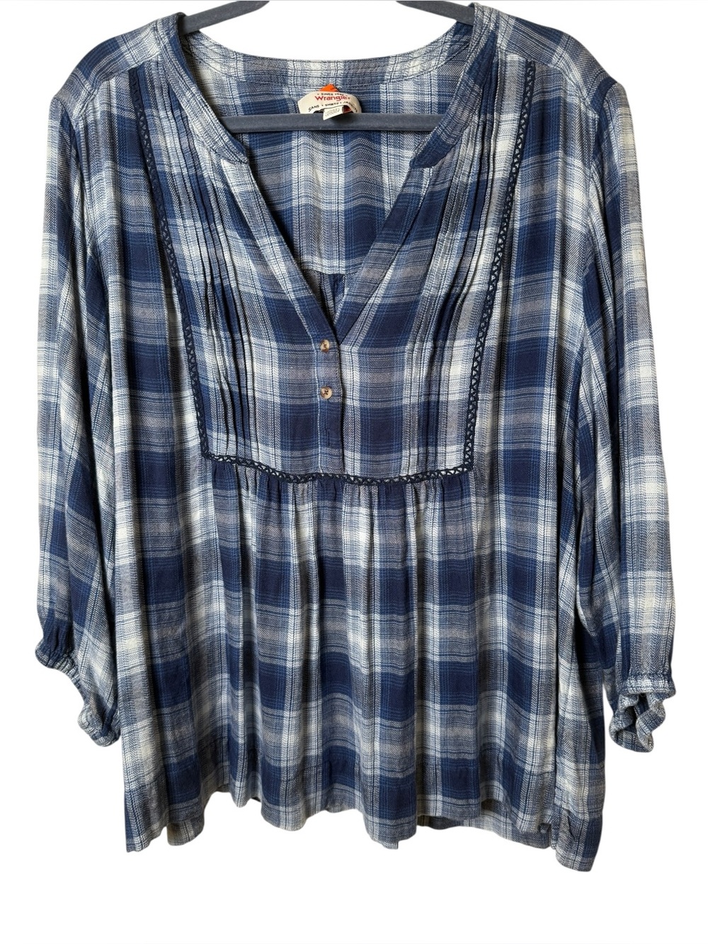 Wrangler XXL Blue and White Plaid V-Neck Tunic